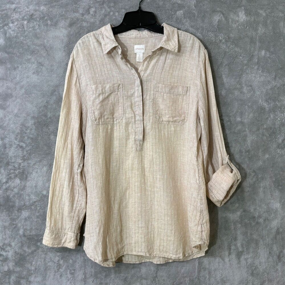 Chico's Women 100% Linen Roll Tab Sleeve Pop over Shirt Size 2 (US L/12) Pockets